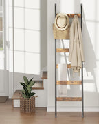 Blanket Ladder, 6-Tier Towel Holder with 4 Removable Hooks, Farmhouse Wall Leaning Decorative Rack Shelf, Wooden Towel Displa