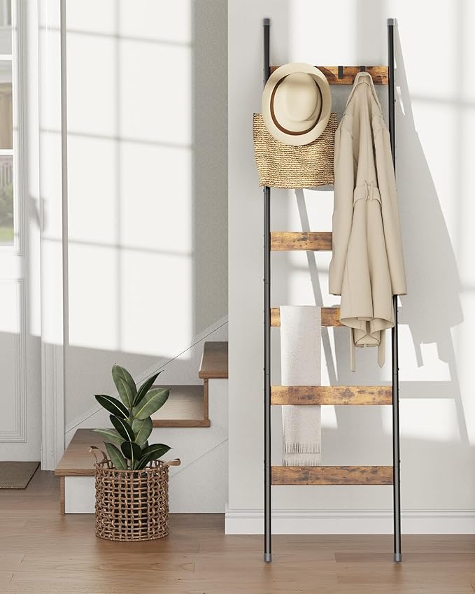 Blanket Ladder, 6-Tier Towel Holder with 4 Removable Hooks, Farmhouse Wall Leaning Decorative Rack Shelf, Wooden Towel Displa
