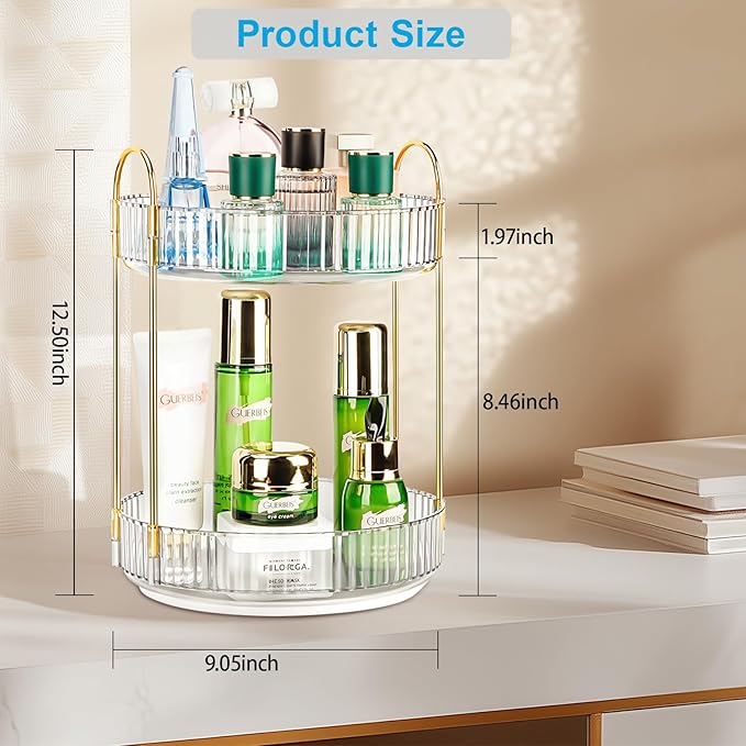 360 Rotating Makeup Organizer - Large Capacity Spinning Perfume & Cosmetic Skincare Holder for Countertop (Pearl White, 2 Tie