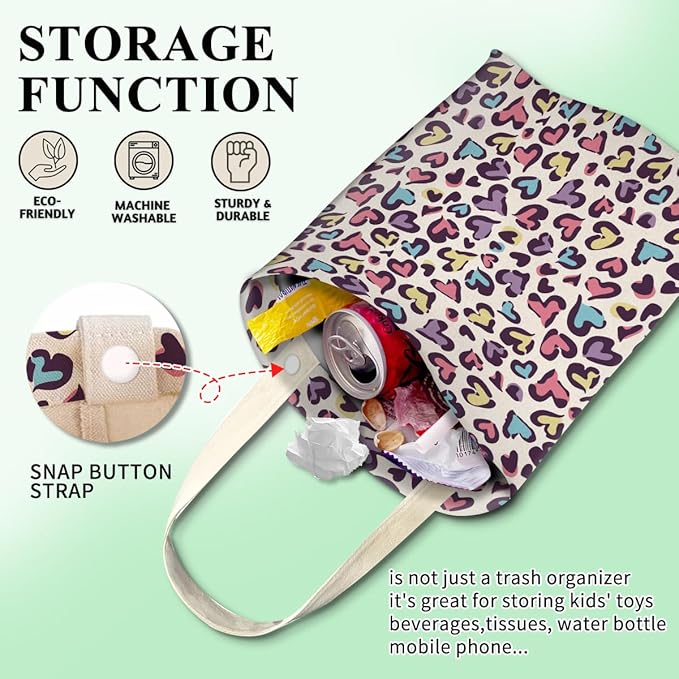 Car Trash Can, Cute Car Trash Bag, Hanging Car Organizer and Storage Bag, Trash Bin for Car Accessories, Vehicle, Travelling, Camping Colorful Heart Leopard