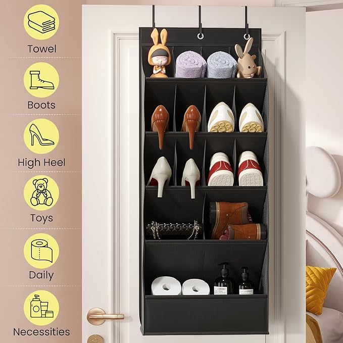 15 Pockets Over the Door Shoe Organizer, Shoe Rack for Closet Door with Large Breathable Pockets, Hanging Shoes Rack for Boot