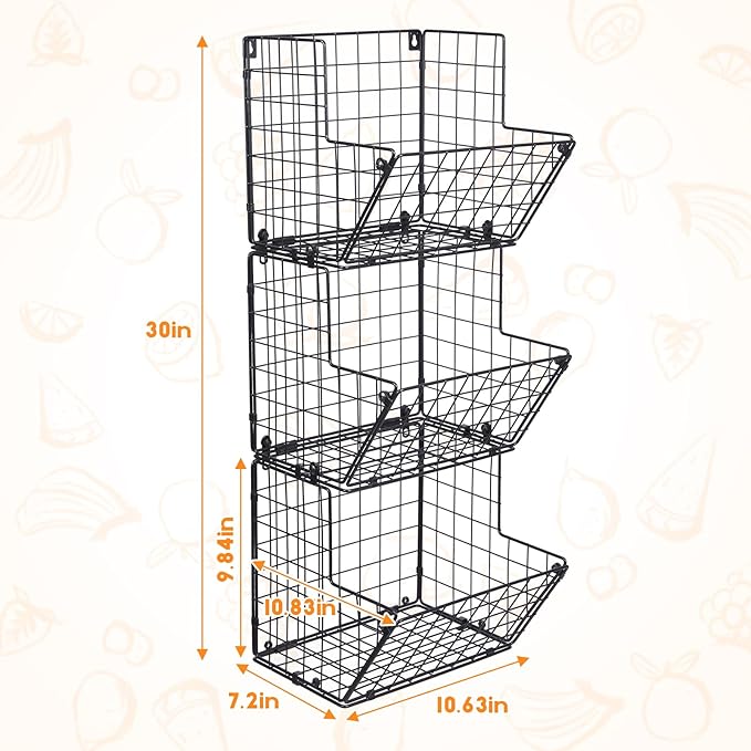 X-cosrack Metal Wire Basket Wall Mount, 3 Tier Wall Storage Organizer with 5 S Hooks, Kitchen Fruits and Vegetables Bin Toys 