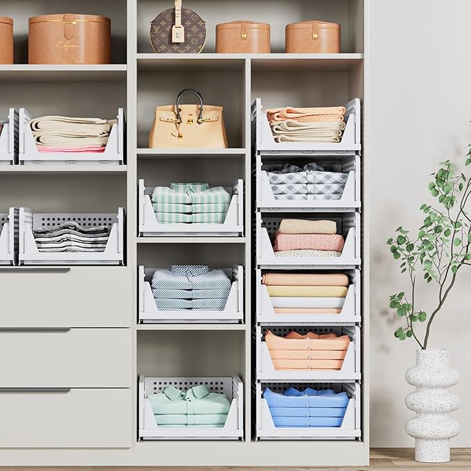 8 Pack Stackable Closet Storage Basket - Stackable Storage Bins, Multifunctional & Foldable Closet Organizer Waterproof, Ward