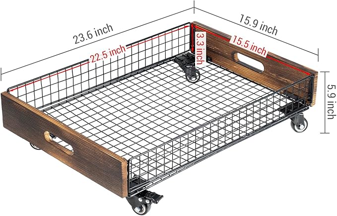 MyGift 24" Under Bed Storage Drawer Cart – Rolling Underbed Organizer Bin with Metal Wire Basket, Rustic Burnt Wood Sides, Ma