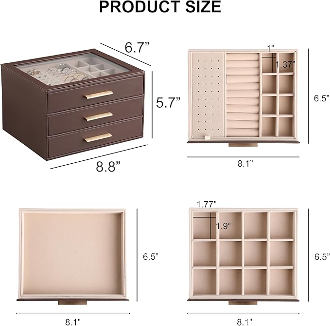 Frebeauty Clear Lid Jewelry Box,3-Layer Jewelry Organizer with Drawer,PU Leather Jewelry Organizers and Storage,Jewelry Boxes