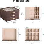 Frebeauty Clear Lid Jewelry Box,3-Layer Jewelry Organizer with Drawer,PU Leather Jewelry Organizers and Storage,Jewelry Boxes