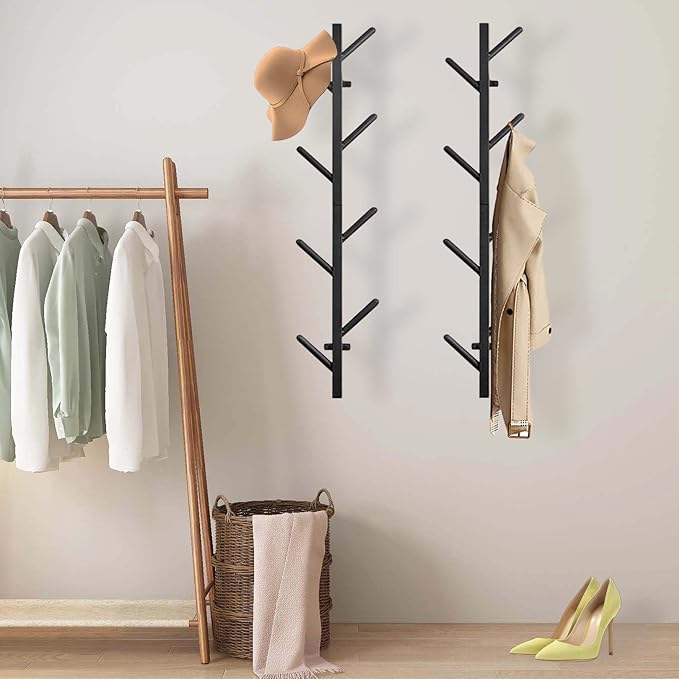 GAWAMAY Vertical Coat Rack Wall Mount Set of 2, Black Modern Metal Coat Hanging Cowboy Hat Rack for Wall, Mounted Coat Hooks 