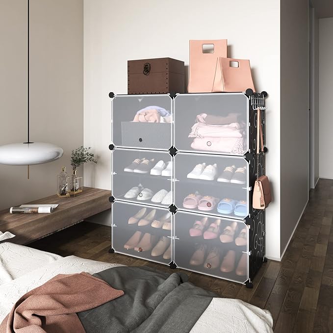 ROJASOP 6-Tier 24-Pair Expandable Shoe Rack Organizer with 2 Hooks, Black