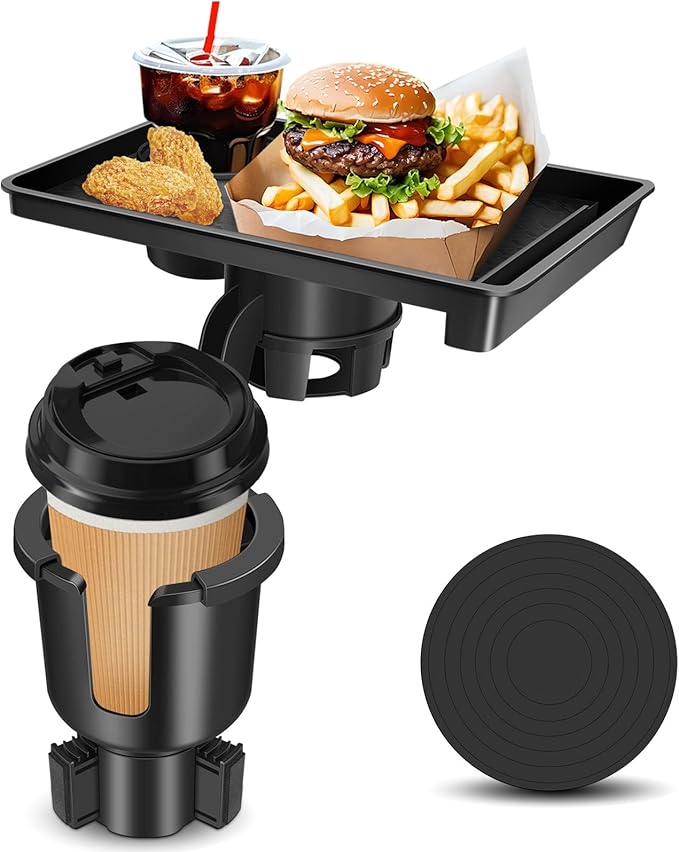 JPart Car Cup Holder Tray, Cup Holder Expander, 2 in 1 Detachable Car Food Tray with 360°Rotation Tray for Eating, Storage an