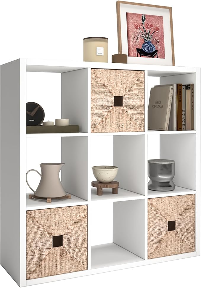 CTESNE【2026 Wooden Thick Frame 9 Cube Storage Organizer Shelf with Anti-Tipping Kits + Reversible Open Back Bookcase, Horizon