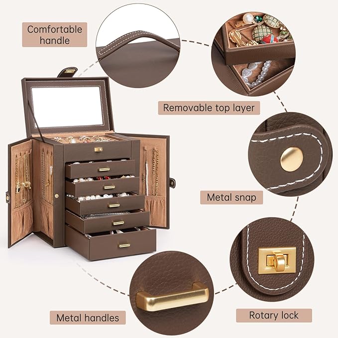 AKOZLIN 6-Tier Jewelry Box Organizer Functional 5 Drawers Leather Jewelry Storage Case for Women Girls Ring Necklace Earring 