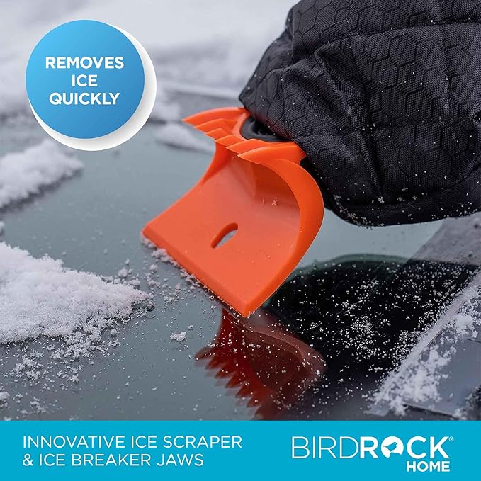 BIRDROCK HOME Ice Scraper & Breaker Combo for Car Windshield & Windows, Water Resistant, Padded Glove, Non-Scratch 4" Blade, ABS Plastic, Ice Remover, Warm & Cozy Waterproof Glove - 1 Pack
