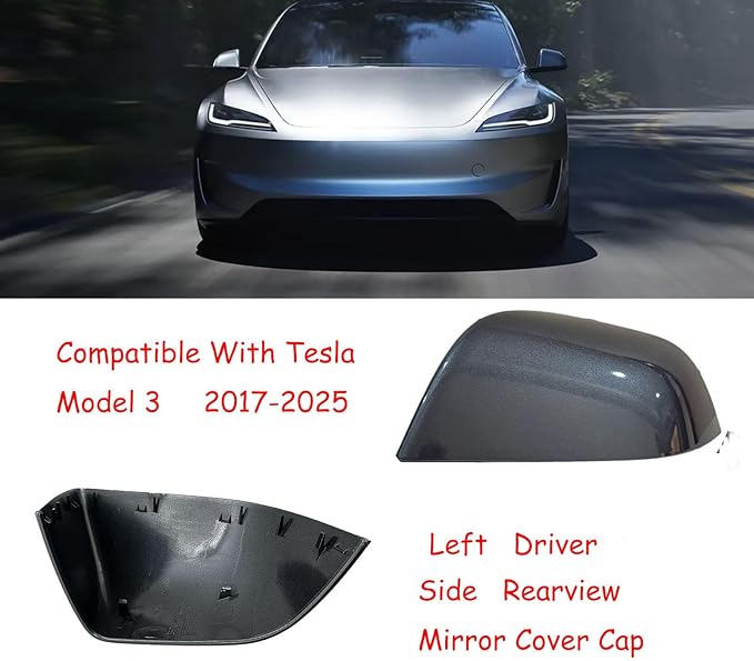 Compatible with Tesla Model 3 Side Mirror Cover Replacement 2017 2018 2019 2020 2021 2022 2023 2024 2025, Left Side Rearview Mirror Cover Cap for Model 3 Accessories(Silver)