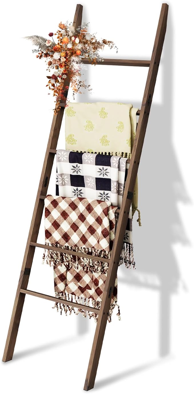 Acacia Wood 6-Tier Blanket Ladder, 5.7FT(66.5'') Blanket Quilt Towel Holder Rack Decorative Ladder Wooden, Easy Assembly, Rus