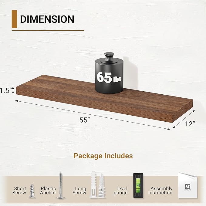 Vivelove Rustic Floating Shelves for Wall 12 Inch Deep, 55" X 12" X 1.5" Floating Shelf, 2 Inch Thick Shelf for Living Room B