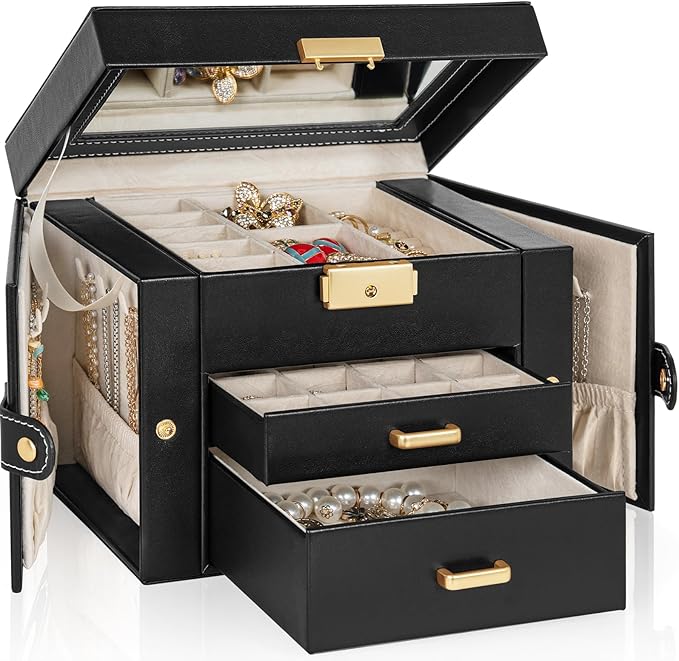 TORIBIO Jewelry Box for Women, Leather Jewelry Organizer with Mirror & Lock, 3-Tier Jewelry Storage Organizer with 2 Drawers 