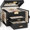 TORIBIO Jewelry Box for Women, Leather Jewelry Organizer with Mirror & Lock, 3-Tier Jewelry Storage Organizer with 2 Drawers 