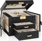 TORIBIO Jewelry Box for Women, Leather Jewelry Organizer with Mirror & Lock, 3-Tier Jewelry Storage Organizer with 2 Drawers 
