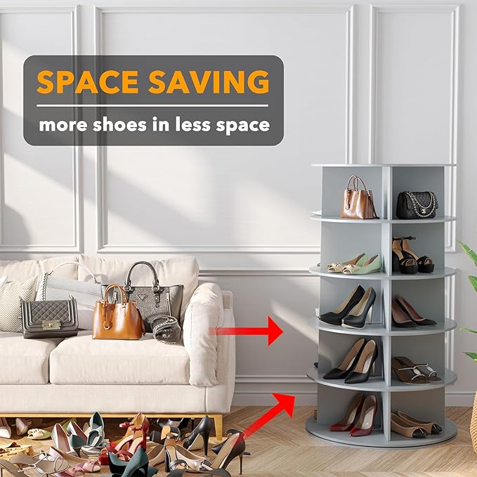 SpaceAid 5 Tier Rotating Shoe Rack Tower, Spinning Shoe Display Lazy Susan, Revolving 360 Shoe Rack Storage Round Carousel, V