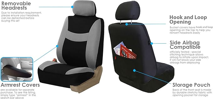 FH Group 3 Row Set 7 Seater Light & Breezy Flat Cloth Car Seat Covers, Combo Steering Wheel Cover & Seat Belt Pads, Airbag an