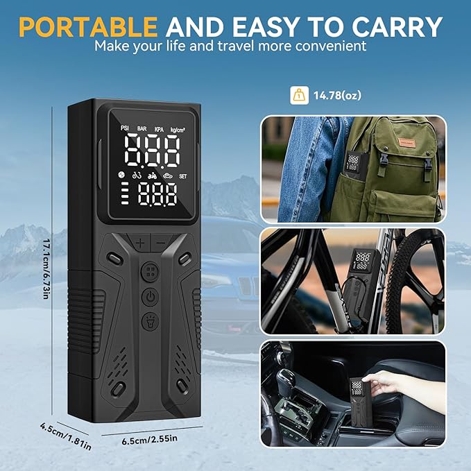 AIRSURE Tire Inflator Portable Air Compressor, High-Speed 150PSI Cordless Air Pump for Car Tires with Powerful Battery, Auto Shut-Off - Portable Tire Pump for Car, Bike, Motorcycle and Balls 2 (Pack)