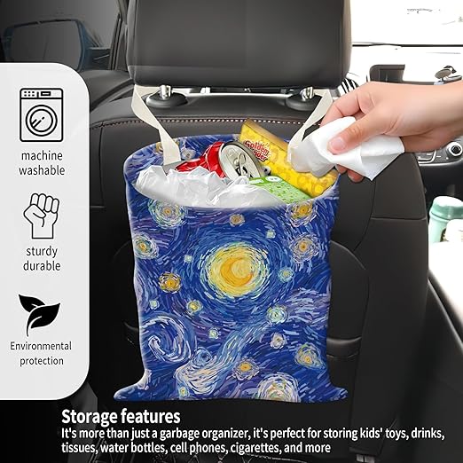 Car Garbage Can, Seat Back Hanging Cute Car Trash Can Bag, Car Organizer and Storage Bag for Travelling, Outdoor Cute Blue Starry Night