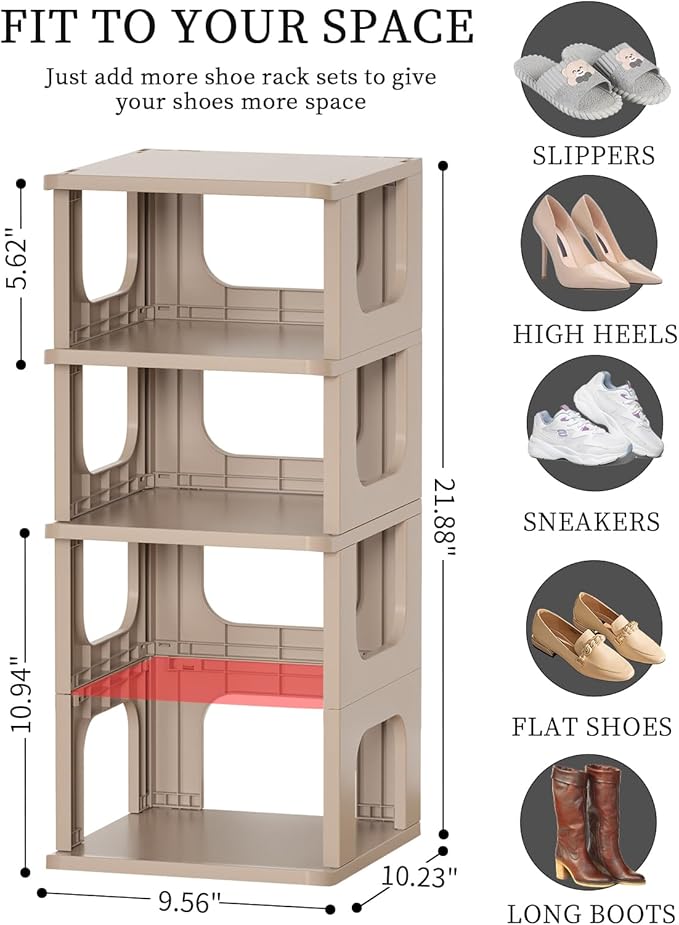 Narrow Shoe Rack - 5 Tiers Stackable Shoe Storage Stand for Entryway Hallway and Closet Durable Shoe Shelf Space Saving Boots