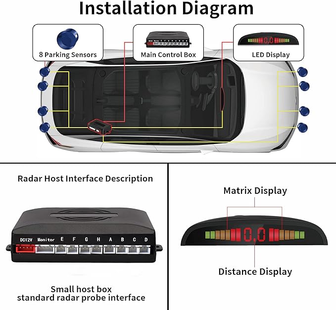 Car Reverse Parking Radar System with 8 Parking Sensors Distance Detection + LED Distance Display + Sound Warning (Blue Color)