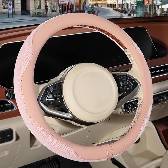 Nappa Leather Steering Wheel Cover, Advanced Microfiber Leather Non-Slip Breathable Fabric, Warm in Winter and Cool in Summer