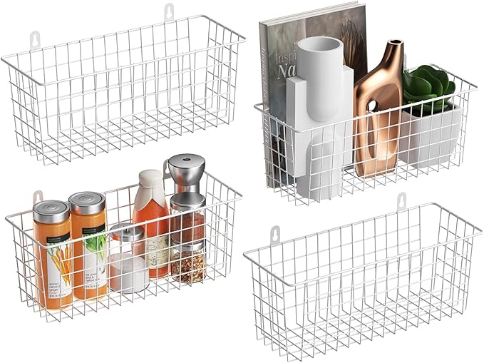 MaraFansie Wire Basket 4-Pack [Extra Large] Hanging Wall Organizer Cabinet Storage Basket Wall Mounted Shelves Rustic Farmhou