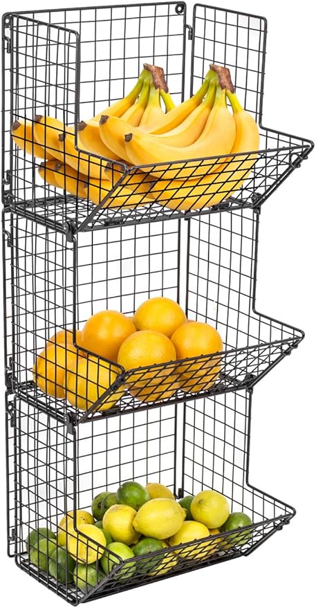 Sorbus Hanging Fruit Basket Wall Mounted Wire Metal Bins - 3 Tier Storage Basket Organizer for Kitchen Storage, Great for Pro