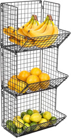 Sorbus Hanging Fruit Basket Wall Mounted Wire Metal Bins - 3 Tier Storage Basket Organizer for Kitchen Storage, Great for Pro