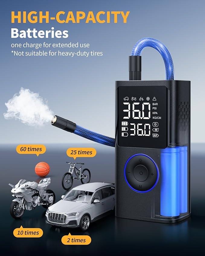 Tire Inflator Portable Air Compressor, 150 PSI Cordless Bike Pump, Air Pump for Auto, Motorcycle, Bicycle, Balls with Pressure Gauge, LED Light & Car Accessories, Blue, Standard Capacity