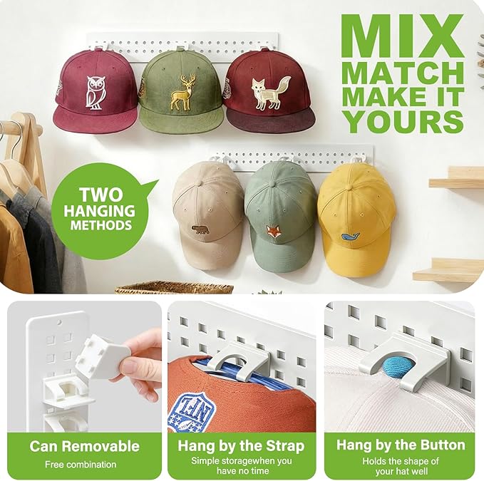 Detachable 2 Pack Hat Hook Organizer for Baseball Caps, Hat Hanger Holder for 20 Caps, Wall Hat Rack with Strong Adhesive, Mu