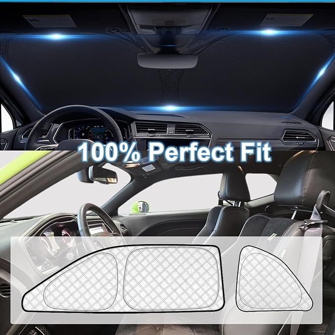 KMF 6pcs Thicken Full Sun Shades for Dodge Challenger 2015-2023 Accessories,Car Window Covers Sunshade for Windshield Side Rear, UV Block Visor Privacy for Car Camping with Storage Bag