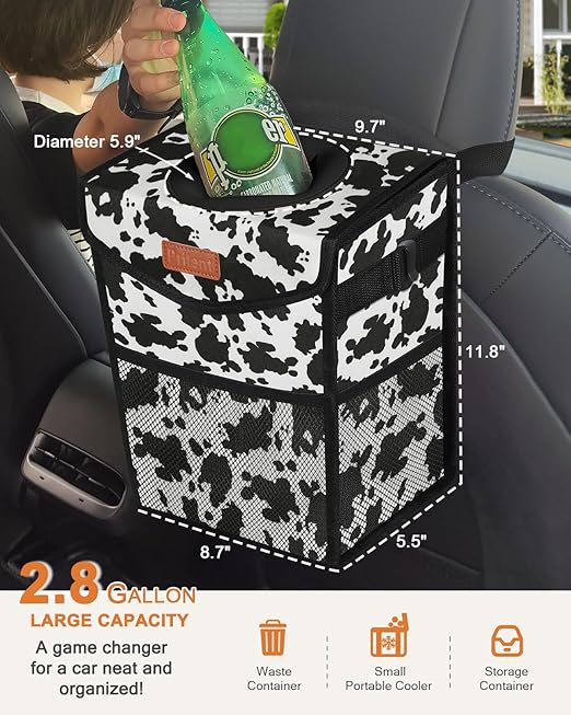 Car Trash Can with Lid, Cute Leakproof Car Trash Garbage Bag Hanging Vehicle Trash Bin Small Portable Automotive Garbage Cans Organizer for Back/Front Seat/Console(2.8 Gallons,Cow Print)