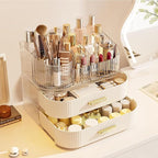 Makeup Organizer with Stackable Drawer, 360 Rotating Makeup Brush Holder, 11-inch Wide Large Cosmetic Display Case, Skincare 
