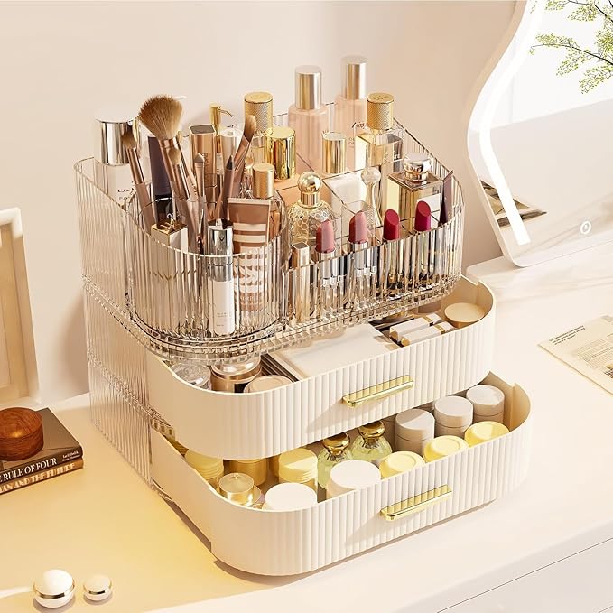 Makeup Organizer with Stackable Drawer, 360 Rotating Makeup Brush Holder, 11-inch Wide Large Cosmetic Display Case, Skincare 