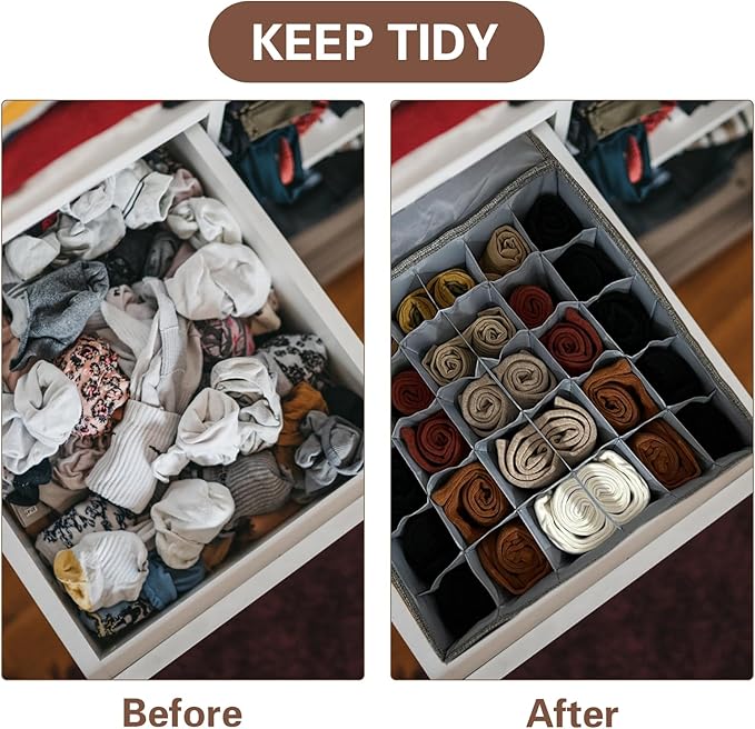 PINGMIC Gray Sock Organizer Divider 1 Pack with Lid - 30 Cell Foldable Closet Storage, Tie Organizer For Men Boxes for Socks,