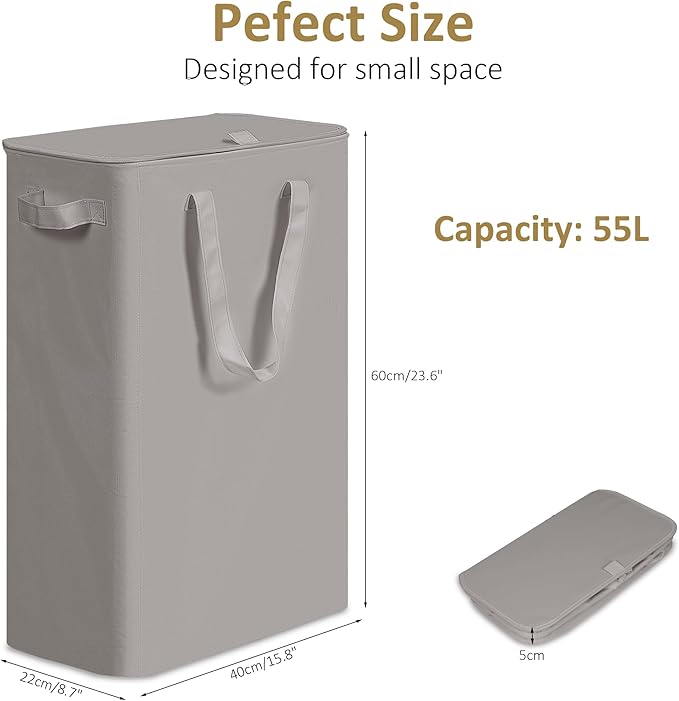 efluky Slim Laundry Basket with Lid, Narrow Laundry Hamper with Handles, Collapsible Dirty Clothes Hamper, Tall Laundry Bin f