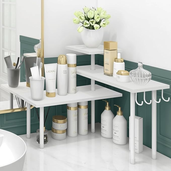 Homode Kitchen Countertop Organizer Corner Shelf, Bathroom Counter Organizers and Storage, 3 Tier Wood Shelf Organizer Space 