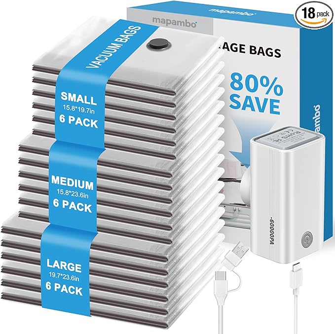 Mapambo Vacuum Storage Bags with -60000Pa USB Pump, 18 Pack Vacuum Seal Bags for Clothing Travel in 3 Sizes, Travel Vacuum Ba