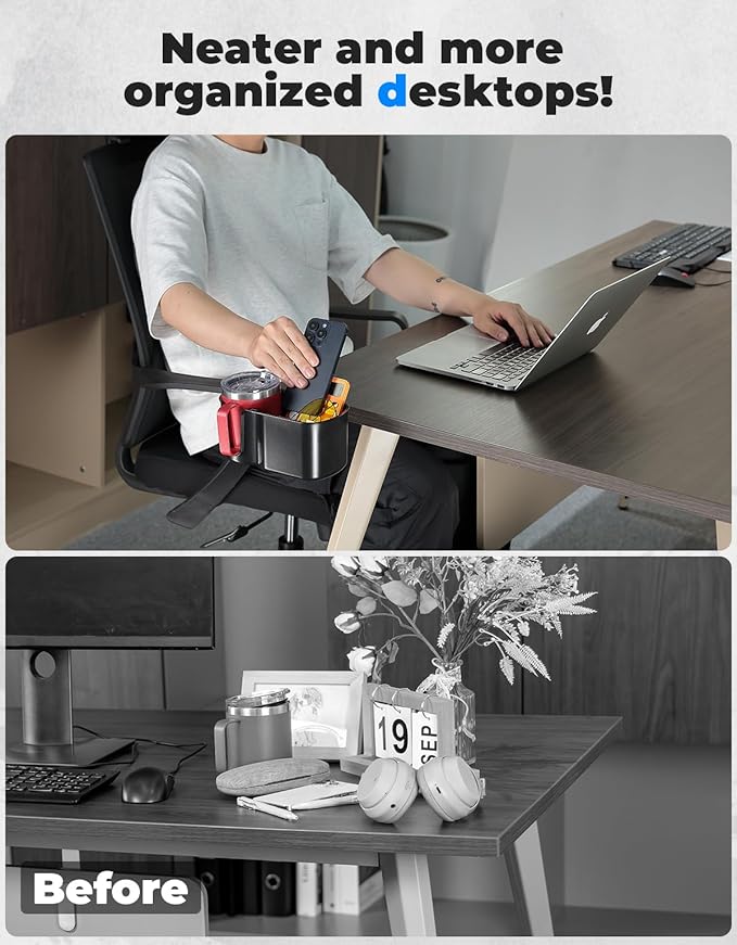 KEMIMOTO Desk Cup Holder, Caddy Organizer for Office Table, Lawn Chair, Golf Cart, Pontoon Boat, Suitable for Most 18-32 oz Bottles, Black