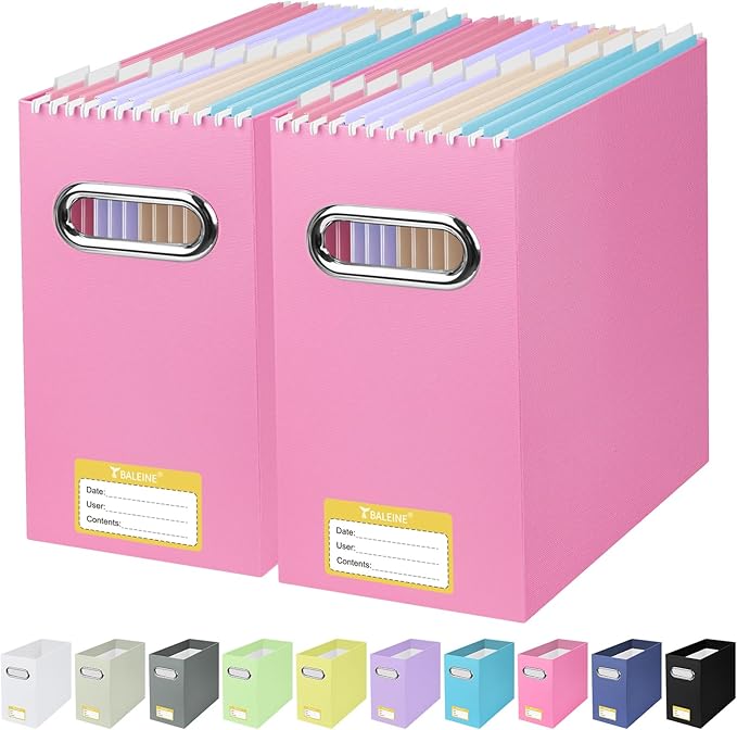BALEINE File Organizer Box, Cardboard File Folder Organizer with Handle for Letter Size, Portable Collapsible Hanging Filing 
