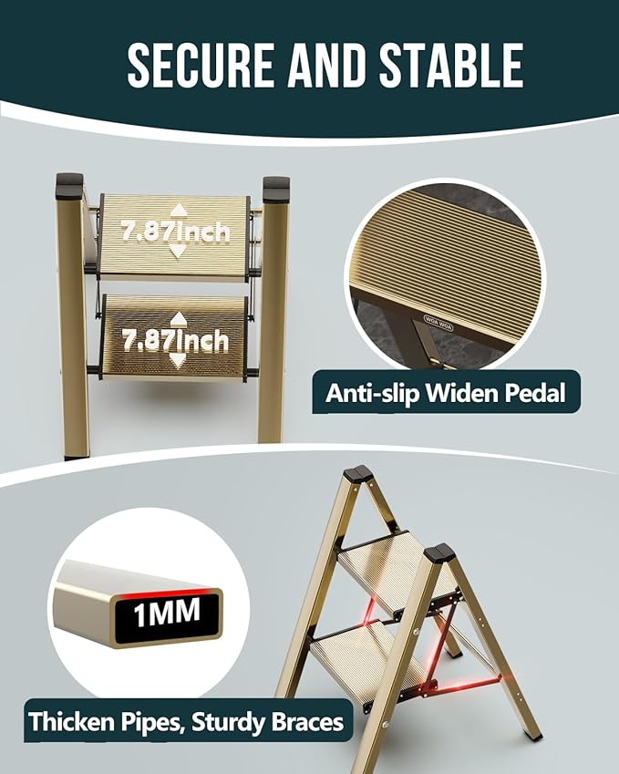 WOA WOA Step Ladder, 2 Step Foldable Step Stool with Widen Pedals, Portable Aluminum Stepladder, Compact Ladder for Space Sav
