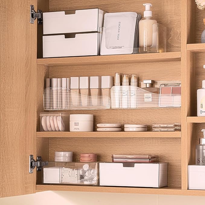 MORNITE Bathroom Medicine Cabinet Organizer Set, Narrow Compact Makeup Shelves Holder for Lipstick, Cosmetic, 2 Pcs Trays for