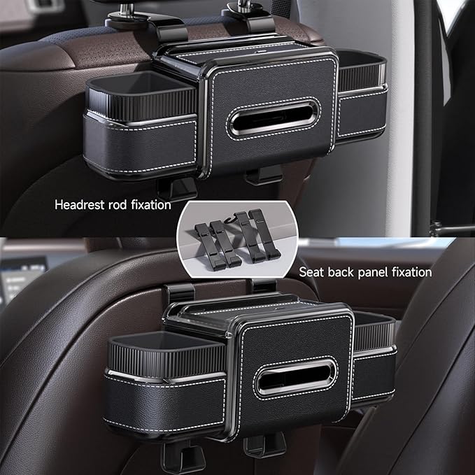 Multifunctional Car Seat Back Organizer Box with Drink Cup Holder, Makeup Mirror, Tissue Box& Hooks for Car Seat Back, New Upgrade Car Headrest Backseat Organizer Suitability for Wife, Girlfriend