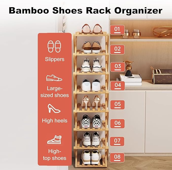YYW Bamboo Shoe Rack for Entryway, Free Free Standing Shoe Racks Shelf Closet, Widen Foldable Vertical Shoe Storage Organizer