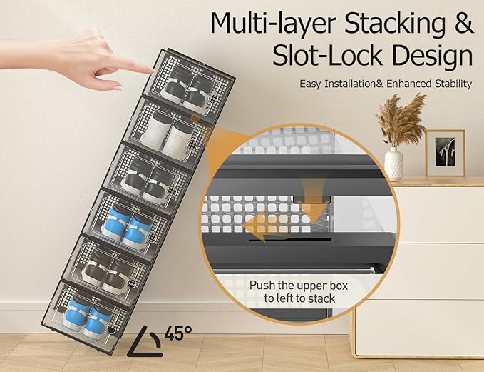 Kuject XXX-Large Shoe Storage Boxes Organizers Clear Plastic Stackable 12 Pack, Shoe Rack & Holder Substitute, Sneaker Contai