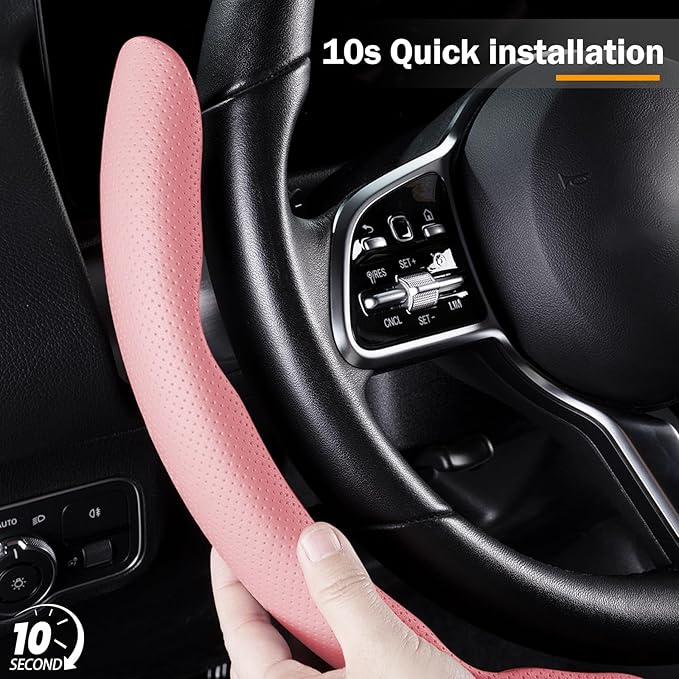 Nappa Leather Car Steering Wheel Cover for Men Women, Ultra-Thin Non-Slip Breathable Microfibre, Universal for 14.5"-15" Stee